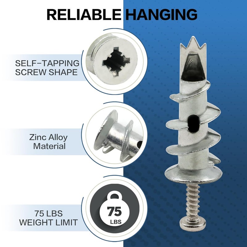 Tkiaea Zinc Self-Drilling Drywall Anchors Kit, 25 Heavy Duty Metal Anchors + 25 #8 x 1-1/4"Screws, Total 50 Pieces - Image 2